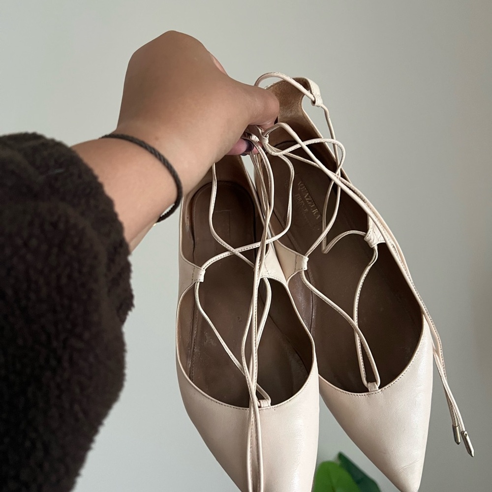 Aquazzura Cream Lace-Up Flats